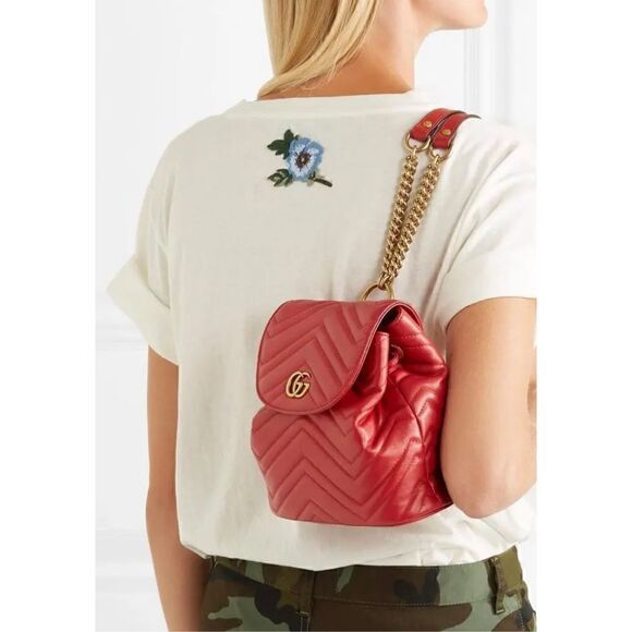 Gucci Marmont Metallasse Quilted Chevron Leather Drawstring Backpack Mini GG Red main image 13